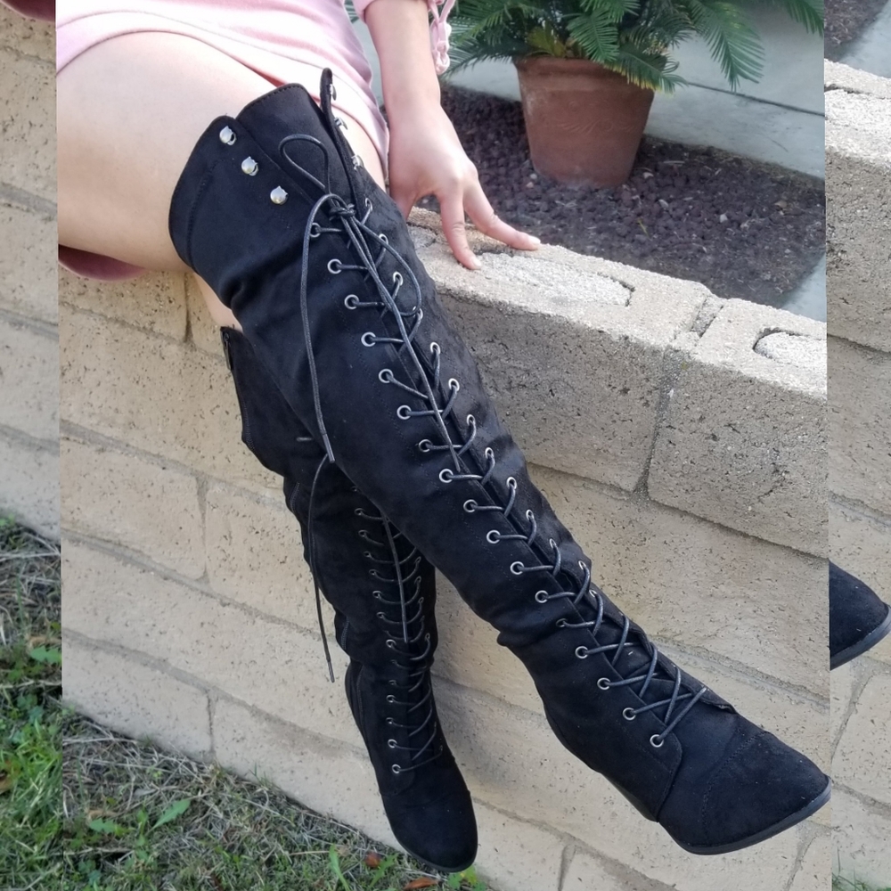 Black Vegan Suede Combat boots Lace up - Picture 6 of 6